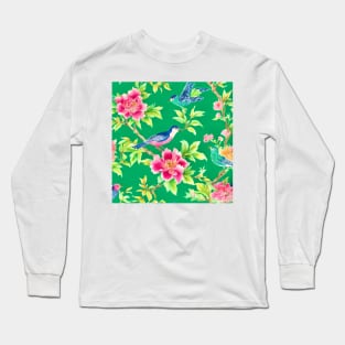 Chinoiserie flowers and birds on emerald green Long Sleeve T-Shirt